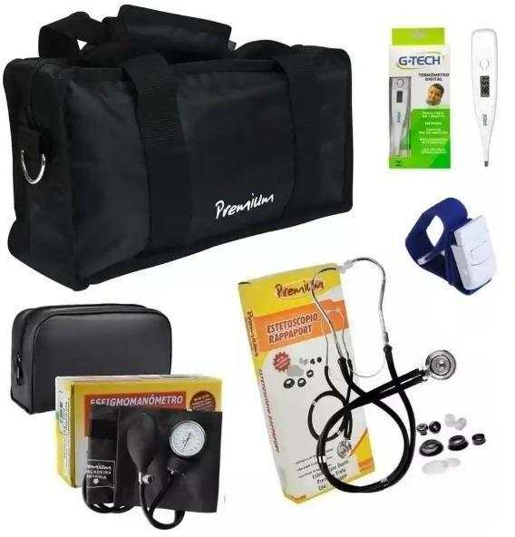 KIT ACADEMICO C/ ESTETOSCOPIO E ESFIGMOMANÔMETRO, GARROTE E TERMÔMETRO PRETO PREMIUM